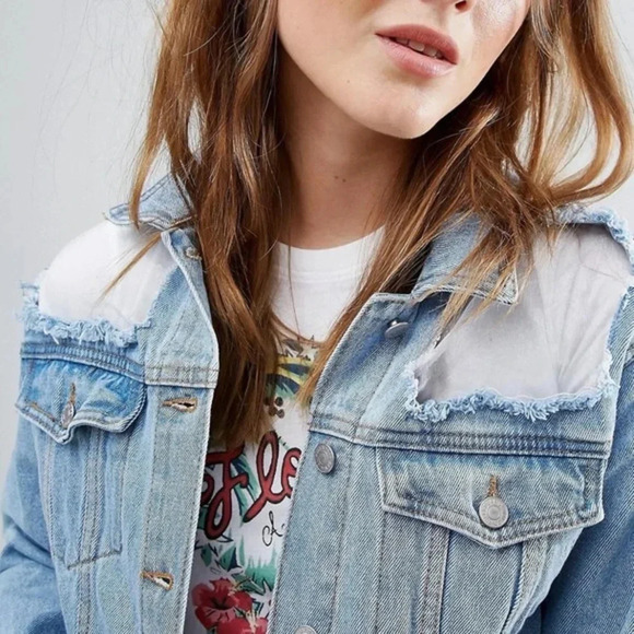 Pull & Bear Mesh Distressed Light Wash Denim Jean Jacket S - Picture 3 of 11